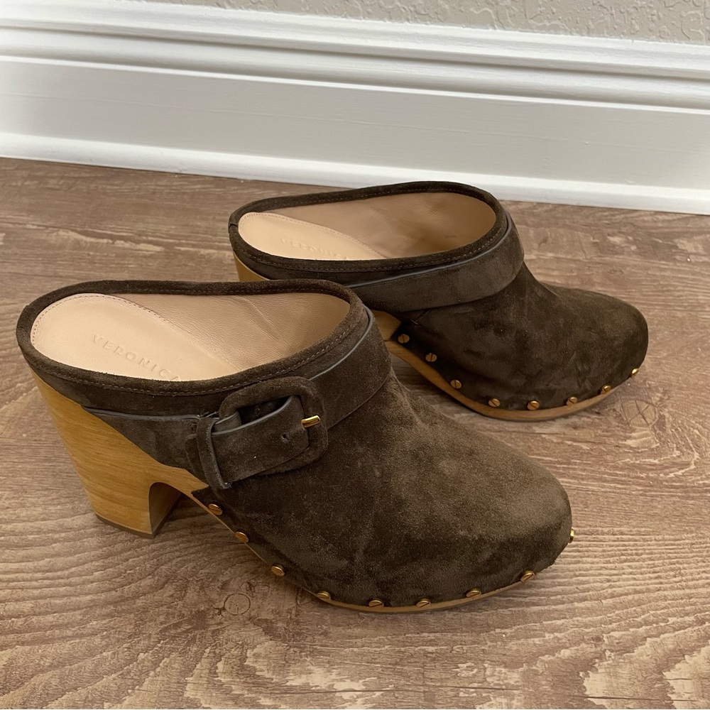 NWOT Veronica Beard Dacey Buckle Suede Clogs, Brown w/ Gold Hardware (US 9.5)